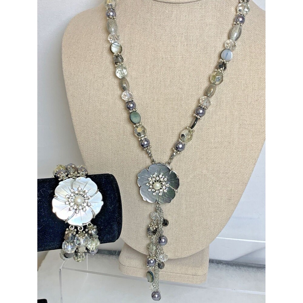 Vintage Cookie Lee Abalone Flower Necklace Bracelet Set Beaded Statement Y2K